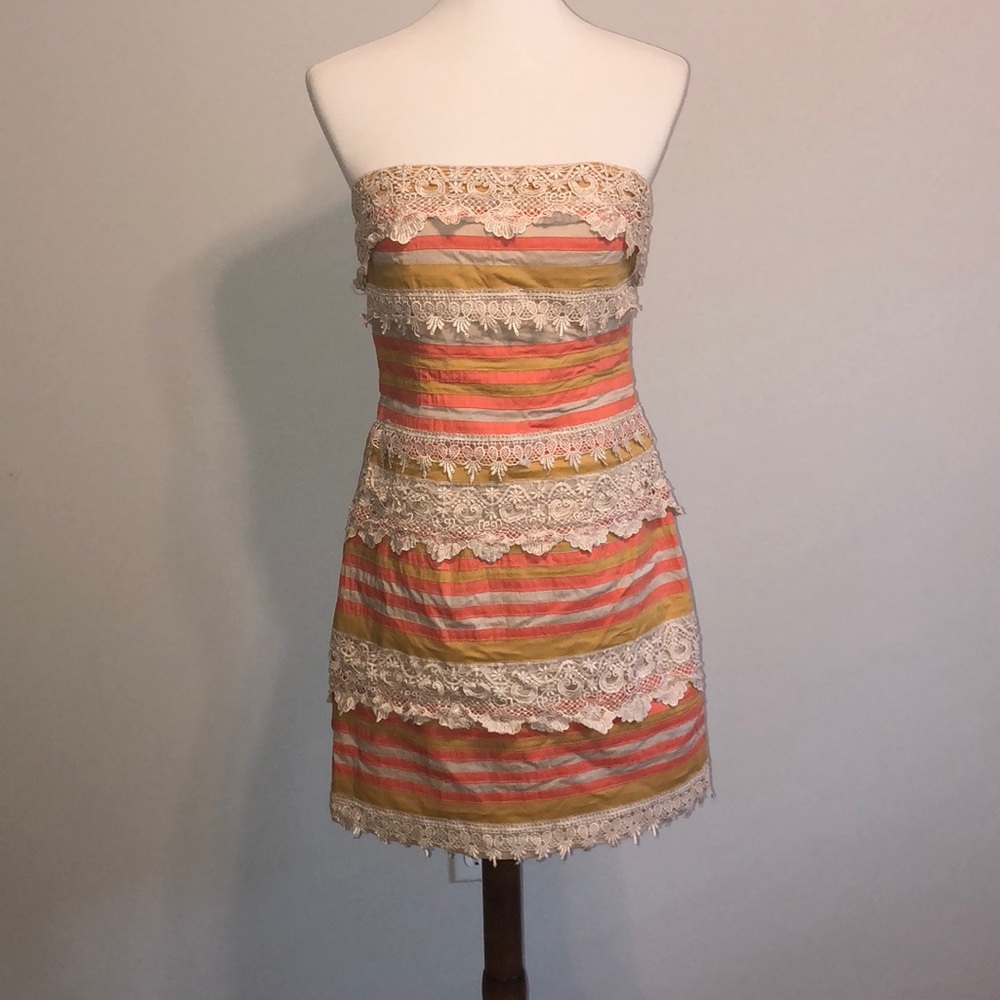 L tan/coral/yellow/lace striped strapless dress